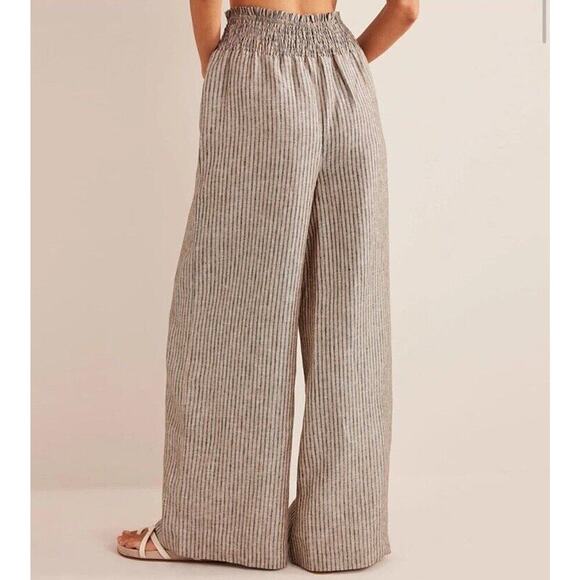 Boden Linen Shirred Waist Trousers Wide Leg Women 6R Camel Black Stripe Pull On - Picture 7 of 16